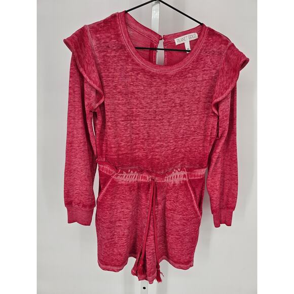 Planet Gold Womens Sz M Long Sleeve Romper Pink Burnout Cinch Waist - Picture 1 of 4